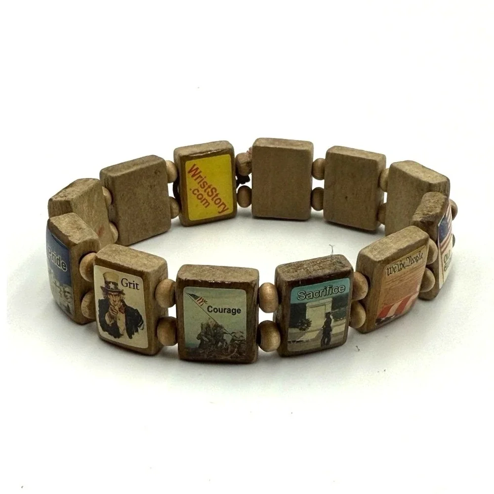 Vintage Military Patriotic‎ Wood Tile Bracelet WristStory Courage Sacrifice